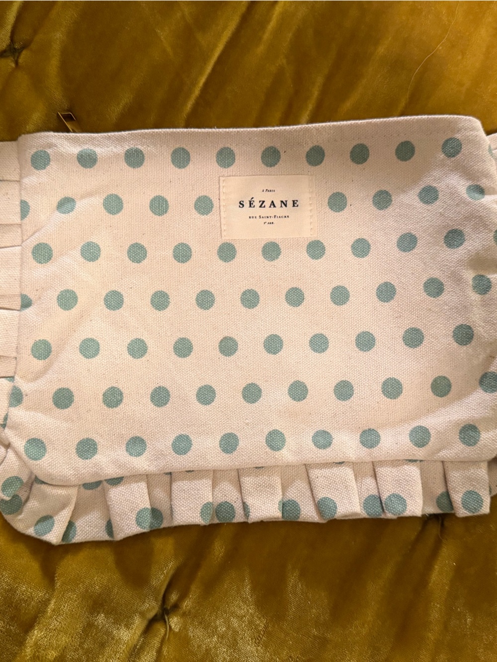 **RARE**Sezane Polka Dot Ruffle cosmetic bag Light Blue and White